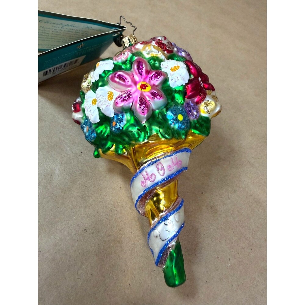 Vintage Christopher Radko BEST MOM Bouquet Glass Christmas Ornament 2001 Retired